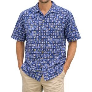 Big Dogs Blue Graphic Hawaiian Shirt Men's XL Cotton Y2K Novelty Camp Collar Vtg